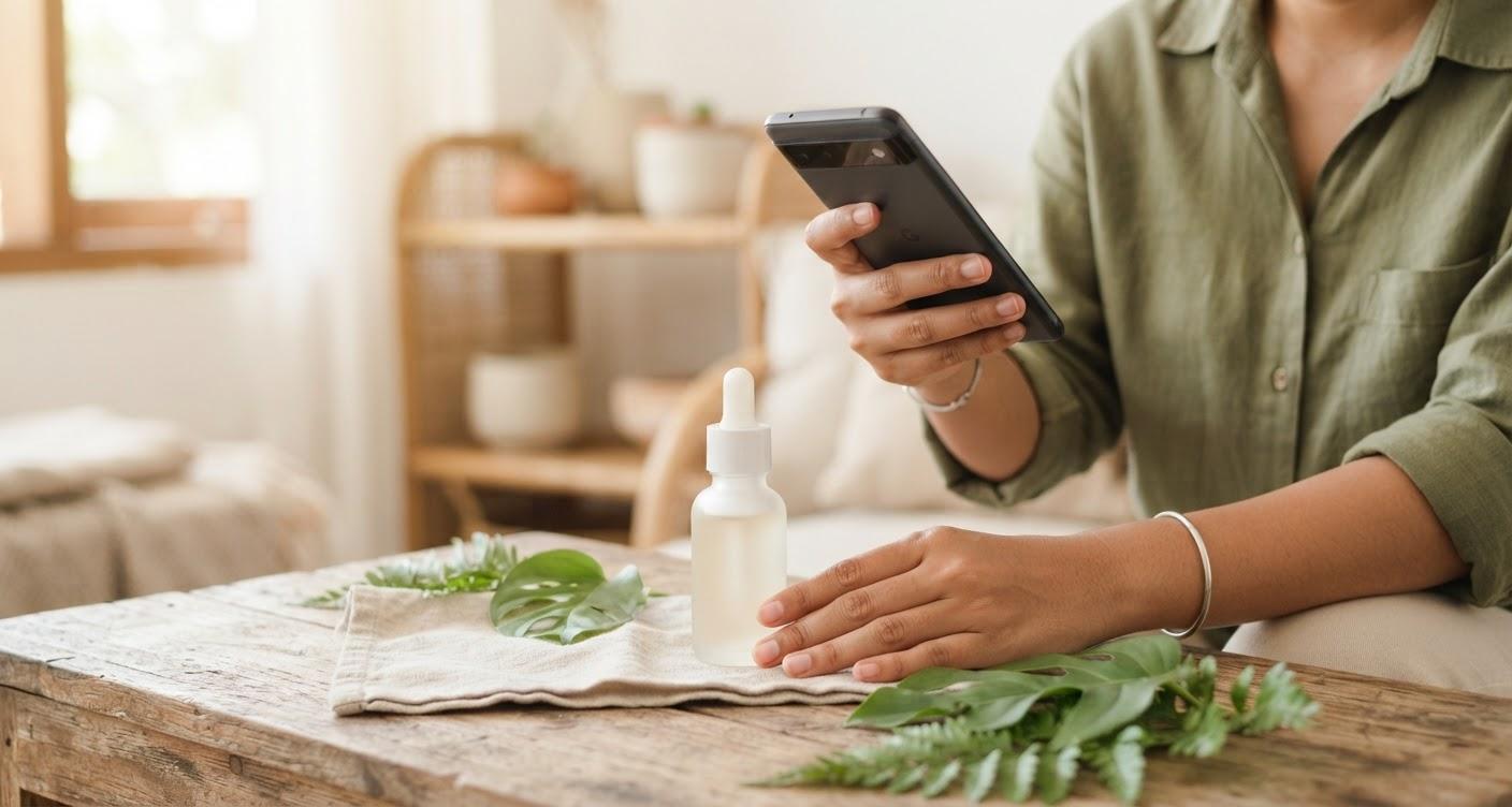 Memotret produk serum di atas meja kayu dengan smartphone