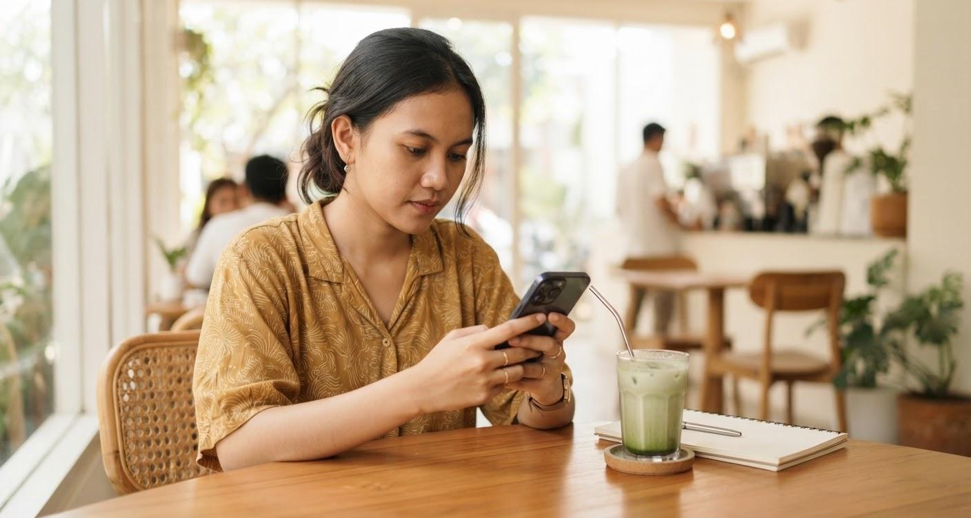 Perempuan memeriksa Instagram Insight di ponsel sambil duduk di kafe