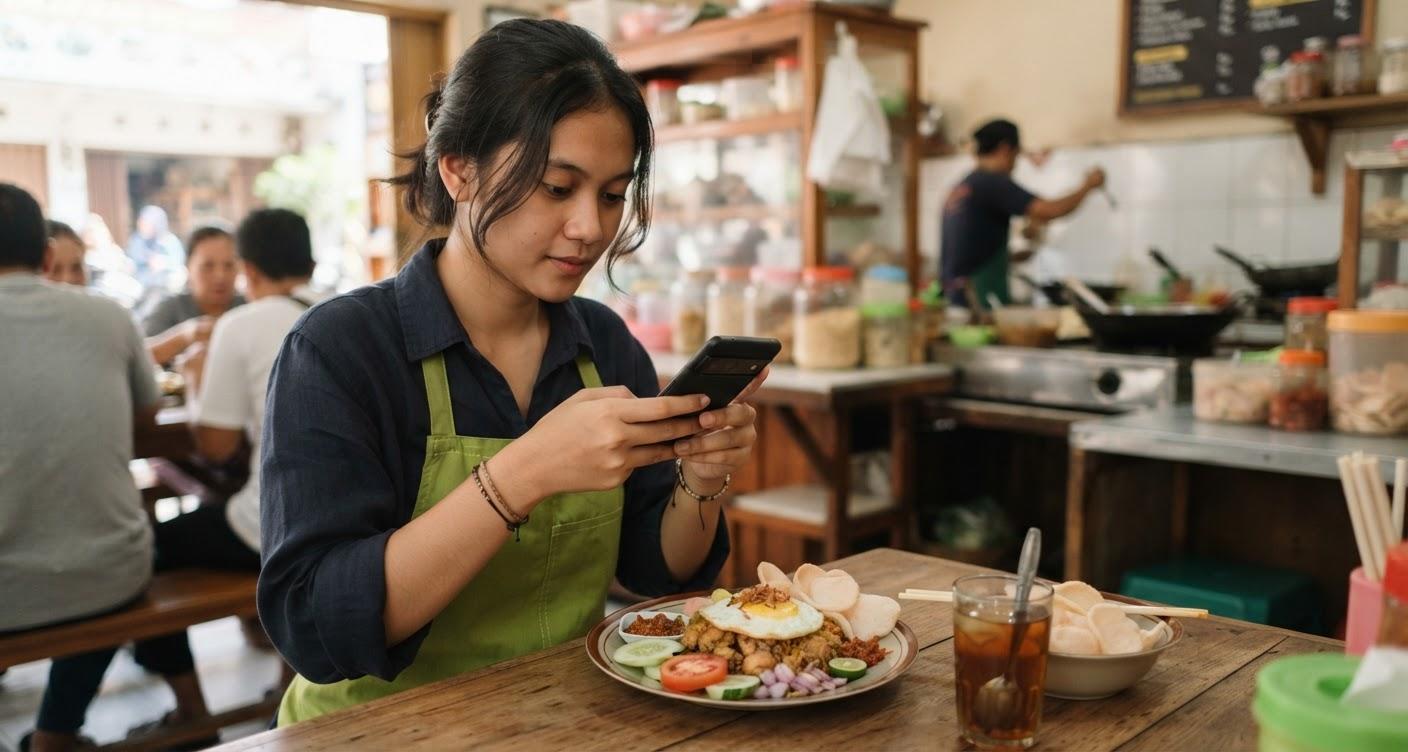 Pemilik warung makan memotret hidangan dengan ponsel untuk Instagram