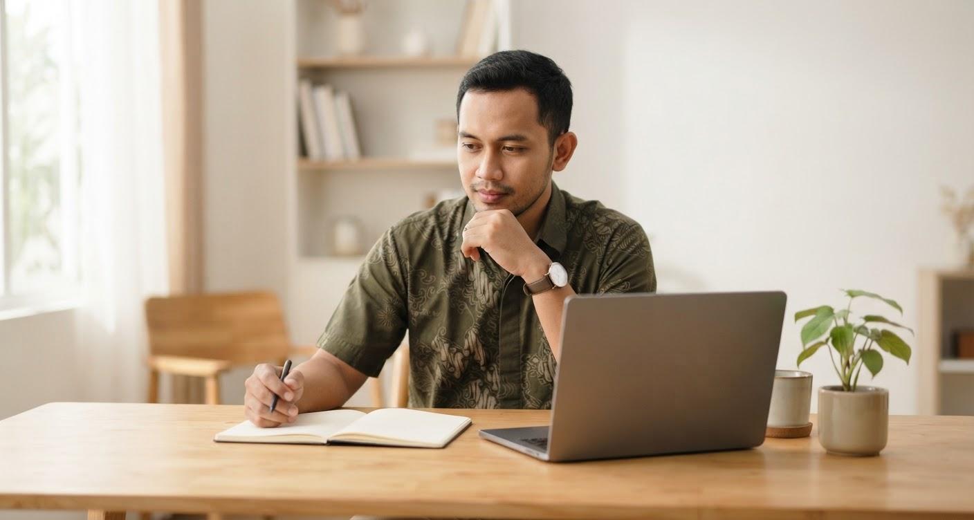 Pria memeriksa website di laptop sambil mencatat